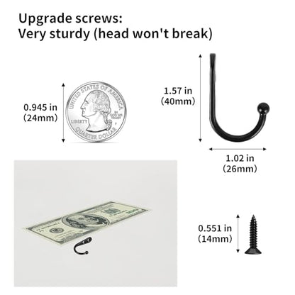 20PCS Hooks for Hanging, Metal Key Hooks with 45 Screws, Heavy Duty Single Prong Hook，Wall Hook for Key, Clothes, Purse, Towel, Backpack, Hat, Scarf, Jewelry, Dog Leashes - color: 1.57"×1.02", Black