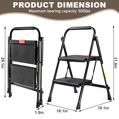 Valeo 2 Step Ladder, 2 Step Ladder for Adults with with Safe-Lock Design, Wide Anti-Slip Pedal, 500lbs Sturdy Steel Ladder, Step Stool Foldable with Cushioned Handle,Black - style: 2 Step Ladder