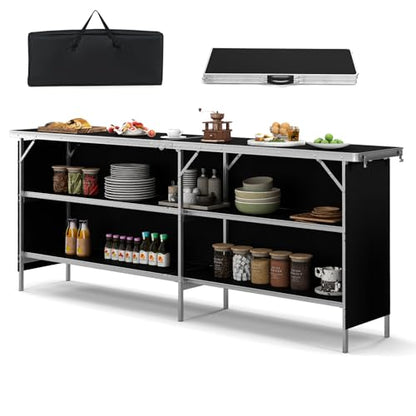 COSTWAY 81" Folding Picnic Table, Portable Bar Table with Carry Bag, Lightweight Aluminum Food Prep Station with 2 Shelves, Quick Set-up, BBQ, Party, Backyard, Black - color: Black, size: 81"W x 32.5"H