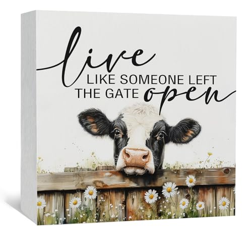 Live like Someone Left the Gate Open Cow Sign, Farm House Cottagecore Cow Wooden Signs, Rustic Farmhouse Wood Sign Home Decor, Farm Cow Decor For Office Bedroom Kitchen - color: cow, size: 5x5 in