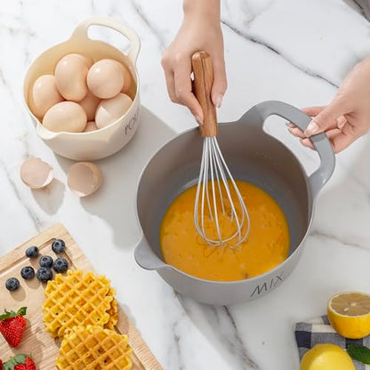 Rae Dunn Non-Slip Mixing Bowls - 4 Piece Nesting Plastic Mixing Bowl Set with Pour Spouts and Handles-Measurement Markings (Grey) - color: Gray