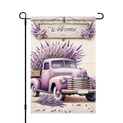 BlissYard Spring Garden Flag 12x18 Inch Double Sided Welcome Lavender Vintage Truck Rustic Farmhouse Yard Outdoor Small Burlap Garden Flag For Porch Patio Lawn Spring Summer Decoration - color: Purple Truck Garden Flag