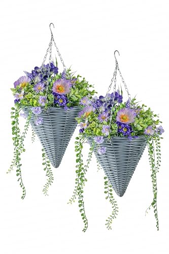 2PCS Artificial Hanging Flower Basket, 14" Faux Purple Hanging Flowers with Trailing Greenery, Cone Woven Basket with Chain, Outdoor Indoor Porch Patio Balcony Decor - color: 2-setpurple-dl