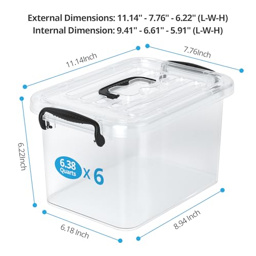 Plastic Storage Containers with Lids - 6 Pack 6 Quart Clear Storage Bins with Lids, Stackable Storage Containers for Organizing, Small Plastic Storage Box with Lid, Black Handle and Latches