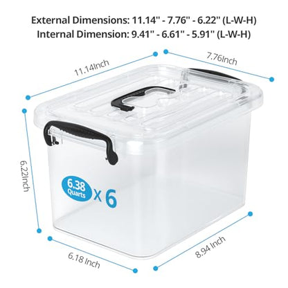 Plastic Storage Containers with Lids - 6 Pack 6 Quart Clear Storage Bins with Lids, Stackable Storage Containers for Organizing, Small Plastic Storage Box with Lid, Black Handle and Latches