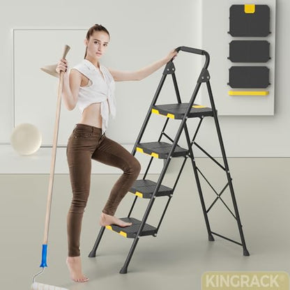 KINGRACK 4 Step Ladder, Sturdy Steel Step Stool with Safe-Lock Design, Handrail, Anti-Slip Wide Pedals, Pass 800lbs Load Testing, Folding Portable Ladder for Multi-Purpose, Home, Kitchen, Black - size: 4 Step Ladder