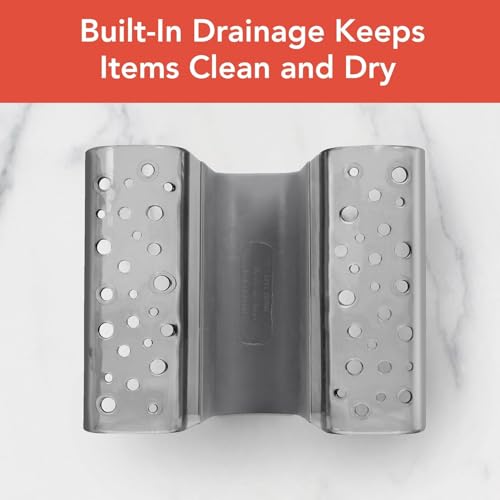 Spectrum Sink Saddle for Kitchen Sink Gray Slate Tint Sponge and Brush Holder Organizer, Dish Brush and Sponges Plastic Saddle Caddy for Double Sink Storage with Drain Holes for Quick Drying