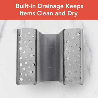 Spectrum Sink Saddle for Kitchen Sink Gray Slate Tint Sponge and Brush Holder Organizer, Dish Brush and Sponges Plastic Saddle Caddy for Double Sink Storage with Drain Holes for Quick Drying