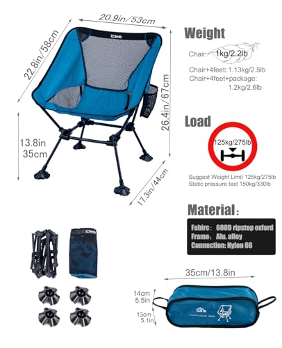 iClimb Ultralight Compact Camping Folding Beach Chair with Anti-Sinking Large Feet and Back Support Webbing (Blue - Square Frame) - color: Blue (Square Frame)