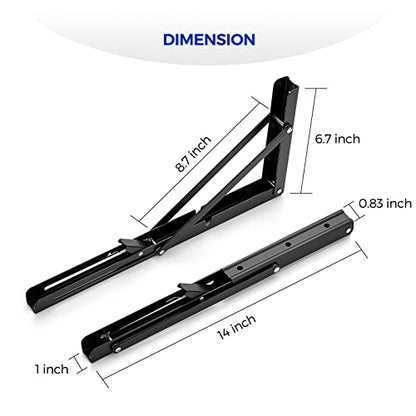 Ravinte 2 Pack 14 Inch Folding Shelf Brackets – Matte Black, Heavy Duty Collapsible Brackets for Tables and Benches – Space-Saving Design - size: 14 Inch