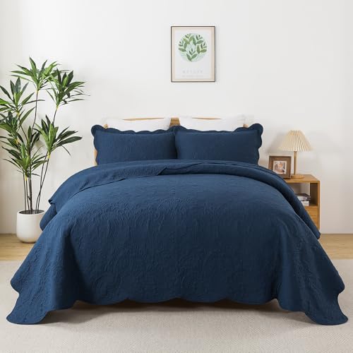 HoneiLife Queen Quilt Bedding Set - Microfiber Quilt Sets for Queen Bed, 3-Piece Lightweight Bedspreads,Reversible Coverlets Rustic Bedlinen Sets, Floral Bedding Set All Season Quilts-Navy - color: Navy, size: Queen/Full-90"x96"
