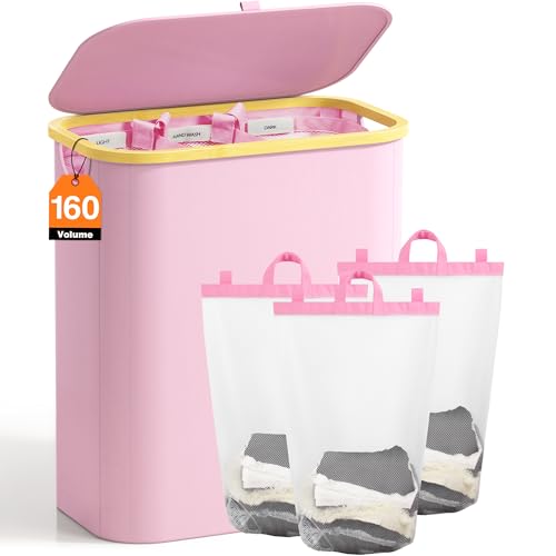 Hampers for Laundry Basket with Lid, 160L Extra Large 3 Section Clothes Divided Organizer for Bedroom, Laundry Room, Dirty Clothing Hamper, Pink - color: Pink, size: 160L