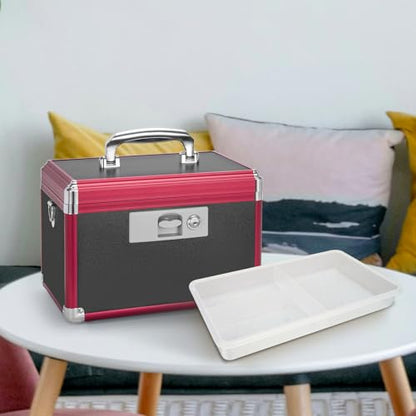 LOCKCURX Secure Medicine Lock Box with Key, Childproof Metal Medication Storage Organizer for Home & Travel, Layered Aluminum First Aid Box, Portable & Durable – 15" x 8.7" x 9.4" Black & Red