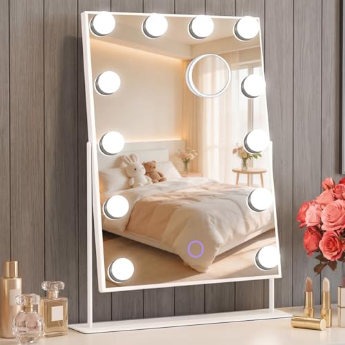 Hollywood Vanity Mirror with Lights 14" x 19", 10x Magnifying, 12 LED Bulbs, 3 Color Lights and 360° Rotation Desk Lighted Makeup Mirror for Bedroom Dresser College Dorm - color: Soft White, size: 14"L x 19"W