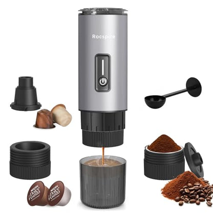 3-in-1 Portable Espresso Maker 20 Bar Self-Heating Stainless Steel Fits Ground Coffee & Nespresso Capsules USB-C Rechargeable for Camping Car Hiking Office - color: Silvery