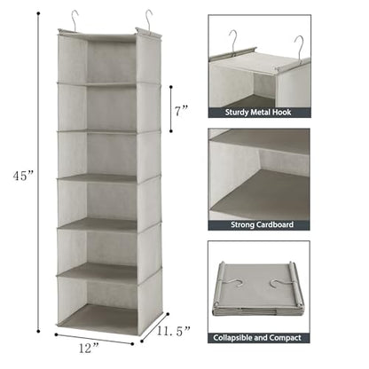 MAX Houser 6 Tier Shelf Hanging Closet Organizer, Closet Hanging Shelf with 2 Sturdy Hooks for Storage,2 Pack, Foldable (Light Grey) - color: Light Grey-2