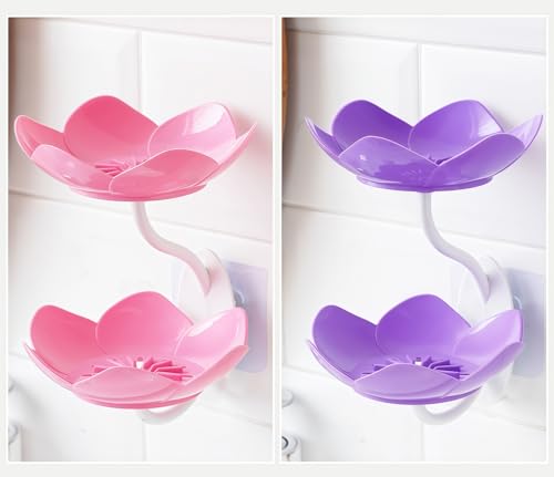2 Pack Soap Dish Holder for Shower Bar Double Layer Cute Lotus Shape Adhesive Tray Sink Wall Mounted Shampoo NO-Drilling Self Draining Hanging Saver Rack Plastic Bathroom Bathtub Kitchen，Pink+Purple - color: D-pink+purple