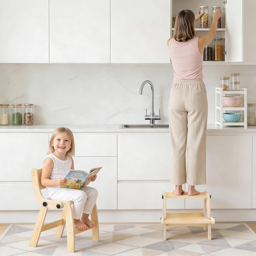 Toddler Step Stool, Foldable Step Stool for Kids, Convert to Chair, Toddler Stool for Bathroom Sink & Potty Training, Wooden Step Stools w Non Slip Base for Kitchen, Bedroom - color: Natural Wood