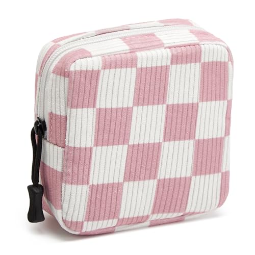 Small Makeup Bag for Purse,Mini Cosmetics Bag cute Zipper corduroy Cosmetic Pouch Storage Pouch Travel Toiletry Organizer for Women Girls(Checkered Pink) - color: B--Checkered Pink