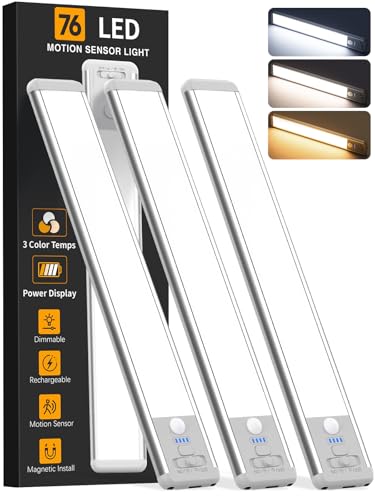 Under Cabinet Lighting Wireless, Rechargeable 10inch Motion Sensor Light Indoor, 3 Color Closet Light Battery Operated with LED Power Display, Magnetic Under Counter Lights for Kitchen, Home (3Pack) - color: Silver, size: 10inch-3pack
