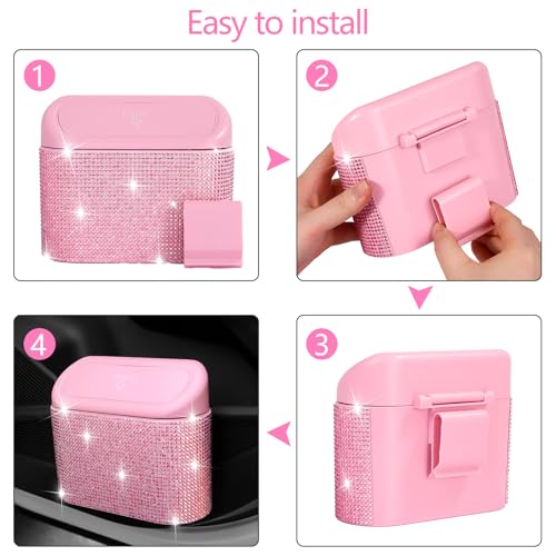 NBTEPEM Bling Pink Car Trash Can with Lid - 2 Pack, Mini Auto Garbage Can with 60 Trash Bags, Automotive Garbage Container Bin, Bling Car Accessories Trash Can for Women (Pink Diamond) - color: Pink Diamond
