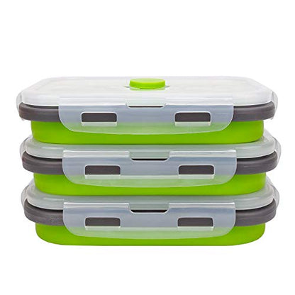 CARTINTS Set of 3 Collapsible Food Storage Containers with Lids, Collapsible Silicone Bowls, Silicone Lunch Containers, For Meal Prep, Camping, Travel, Microwave and Freezer Safe,500ml,Green - color: green