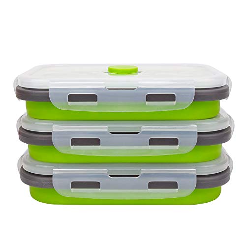 CARTINTS Set of 3 Collapsible Food Storage Containers with Lids, Collapsible Silicone Bowls, Silicone Lunch Containers, For Meal Prep, Camping, Travel, Microwave and Freezer Safe,500ml,Green - color: green