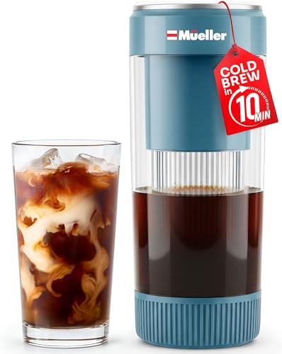 Mueller RapidBrew Cold Brew Iced Coffee Maker – 10 Min Fast Brew Portable Rechargeable Cold Brew Machine for Coffee & Tea – Adjustable Strength 10-99 Min – 20 Servings Per Charge, Mineral Blue - color: Mineral Blue