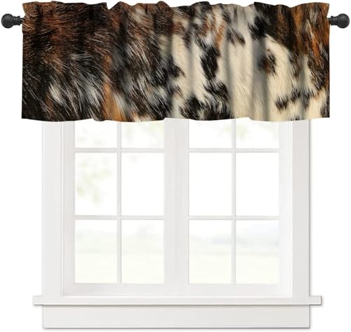 Brown Cowhide Valance, Rustic Vintage Western Farmhouse Highland Cow Fur Black Brown White Skin Print Short Blackout Window Drapes for Bedroom Kitchen, 54x18inch - color: Cowhide-2