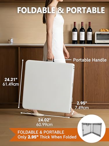 Folding Camping Table 4 Foot Adjustable Height 350lbs, 4FT Folding Picnic Card Table for Outdoor, Plastic Rectangular Dining Work Tables for Indoor, Heavy Duty Fold-in-Half Tray Tables - size: 4 FT