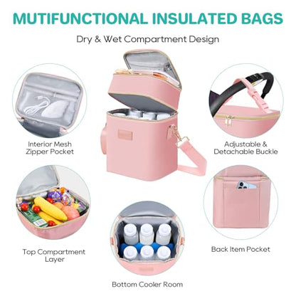 PIIOSER Breastmilk Cooler Bag with Ice Pack Fits 6 Baby Bottles Up to 9 Ounce, Insulated Baby Bottle Tote Bags, Double Layer Waterproof Leak-Proof with Shoulder Strap for Nursing & Working Mom (Pink) - color: Pink