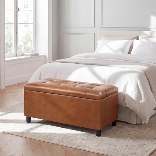 Asense Storage Ottoman Bench,Faux Leather Upholstered Ottoman with Storage,End of Bed Bench with Safety Hinge,for Entryway,Bedroom,Living Room - color: 32" Cognac Brown Faux Leather