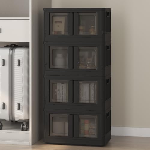 FLEXIMOUNTS 150 QT Stackable Storage Bins With Lids, Collapsible Plastic Storage Bins, and Storage Containers with Doors and Built-in Wheels For Home, 4 Pack Cubes, Black - color: Black, size: 37 Qt-4 Pack