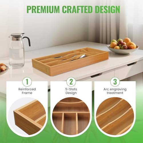 Small Silverware Organizer, Bamboo Kitchen Drawer Cutlery Organizer, Utensil Holder, Flatware Organizer Tray (14.2"x6.7"x1.6") - size: Small