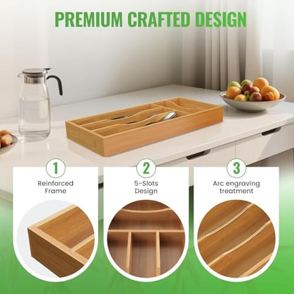 Small Silverware Organizer, Bamboo Kitchen Drawer Cutlery Organizer, Utensil Holder, Flatware Organizer Tray (14.2"x6.7"x1.6") - size: Small