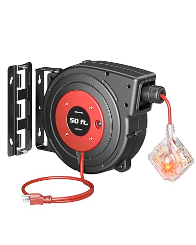 DEWENWILS 6 Grounded Outlets Retractable Extension Cord Reel, 50FT Heavy Duty Power Cord, Llluminatedn/off Switch, Wall/Ceiling Mounted for Garage, Workshop, ETL Listed, Red - color: Red