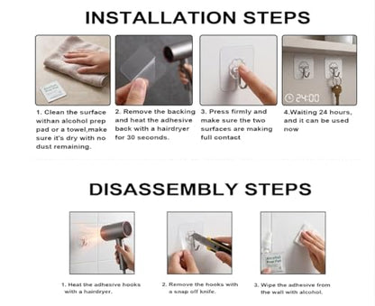 Adhesive Wall Hooks, Clear, Plastic, Heavy Duty, 16 Pack