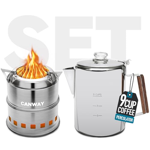 CANWAY Percolator Coffee Pot & Portable Camping Stove Set for Backpacking Hiking Stainless Steel Mini Wood Burning Stove 9 CUP Camping Stovetop Coffee Maker Outdoor Home with Carry Bag - style: Set