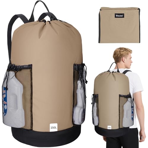 BALEINE 150L Laundry Bag Backpack, 900D Oxford Fabric Large Travel Laundry Bags with Shoulder Straps and 2 Mesh Pockets for College Dorm, Apartment, Laundromat (Khaki, 150L) - color: Khaki, size: 150L