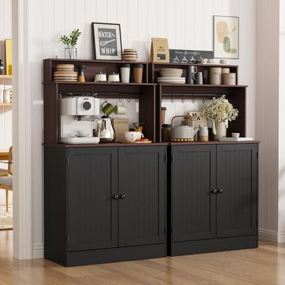 MHOM Farmhouse Coffee Bar Cabinet with Storage, Rustic Buffet Cabinet with 5 Hooks, Small Coffee Station Cabinet for Kitchen & Dining Room, Antique Black - color: Black