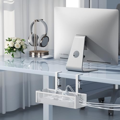YECAYE No-Drill Metal Under Desk Cable Management Tray, Power Strip & Cable Organizer for Home Office,Under Desk Storage,Organizer Tray,White