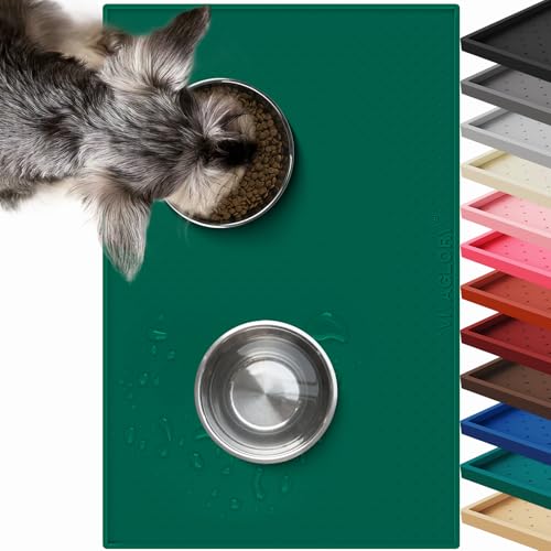VIVAGLORY Pet Food Mat Grippymat Dog Bowl Mat, 19" L x 12" W, Deep Green | Placemat with Raised Edge for Indoor, Waterproof Silicone for Cat Kitty & Puppy - color: Deep Green, size: 19"L x 12"W