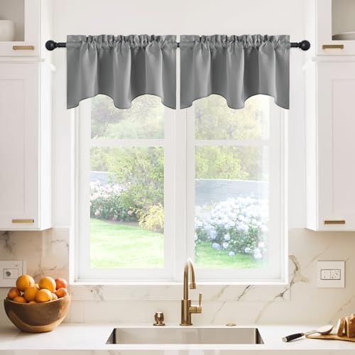 NICETOWN Room Darkening Window Valance - Solid Thermal Insulated 42 inches by 18 inches Scalloped Pole Pocket Curtain/Drape Panels for Basement/Cafe Store, Silver Grey, Package of 2 Panels - color: Silver Grey, size: 42"W x 18"L (Pack of 2)