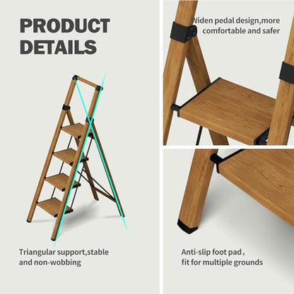 4 Step Ladder,Lightweight Folding Step Stool with Aluminum Wide Pedal& Convenient Handgrip,330lbs Capacity Steel Ladder for Household and Office(Woodgrain) - color: Woodgrain, size: 4 Step