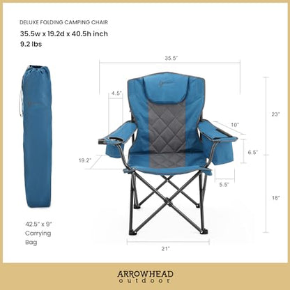 ARROWHEAD OUTDOOR Deluxe Folding Camp Chair – 550lb Capacity Heavy-Duty Quad Chair with Integrated Cooler, Headrest, and Dual Cup Holders. - color: Denim
