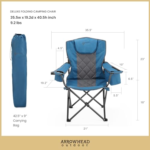 ARROWHEAD OUTDOOR Portable Deluxe Folding Camp Quad Chair w/Headrest, Glass & Cup Holders, Armest 6-can Cooler, Heavy Duty Carry Bag, 550 lbs Weight Capacity - color: Blue