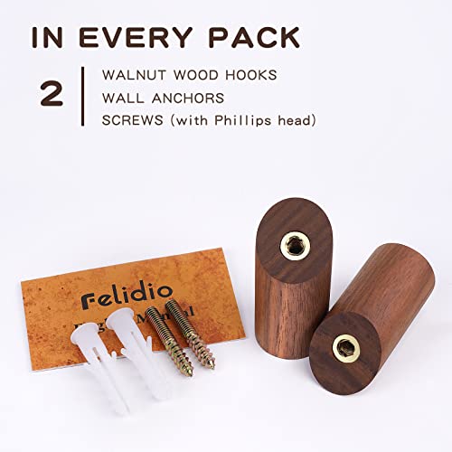 Felidio Wooden Wall Hooks, 2 Pack Coat Hooks Wall Mount, Natural Wood Hooks Coat Rack, Heavy Duty Hooks for Hanging Towels Entryway Coats Hat Rack for Wall (Walnut Wood) - color: Black Walnut - 2 Pack