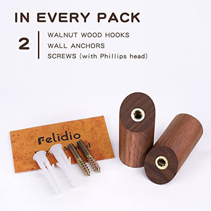 Felidio Wooden Wall Hooks, 2 Pack Coat Hooks Wall Mount, Natural Wood Hooks Coat Rack, Heavy Duty Hooks for Hanging Towels Entryway Coats Hat Rack for Wall (Walnut Wood) - color: Black Walnut - 2 Pack