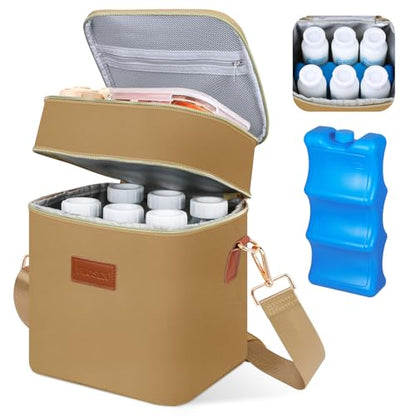 PIIOSER Breastmilk Cooler Travel Bag with Ice Pack, Insulated Bottle Bags Fits 6 Baby Bottles Up to 9 Ounce, Double Layer Waterproof Leak-Proof with Shoulder Strap for Nursing & Working Mom (Brown) - color: Brown