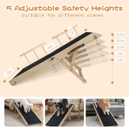 Rubber-Mat Dog Ramp with Rails for Couch, Bed or Car - 40" Long Foldable Wood Pet Ramp Adjustable Height from 10" to 21", with High Traction Mat for Small Medium Older Dogs, Up to 180 Lbs